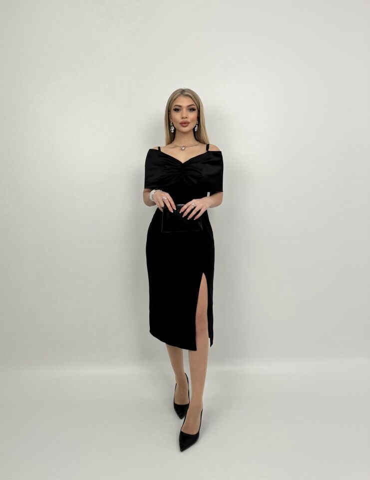 4002 MADONNA ZARA SATEN YAKA YIRTMAÇLI ELİSE BLACK - SİYAH