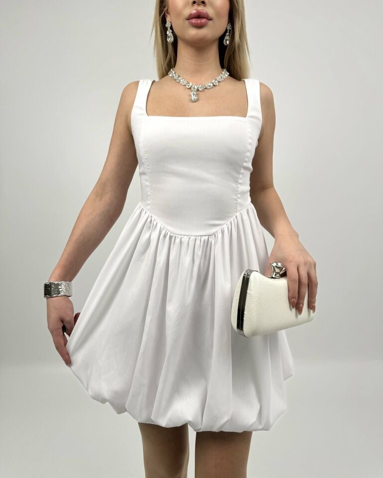 4003 TERİKOTON GİPELİ BALON ELBİSE WHİTE - BEYAZ