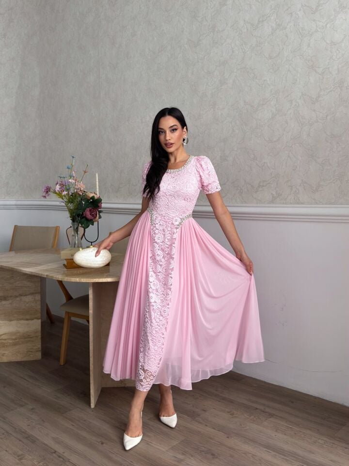 3180 Taşlı danteli elbise PİNK - PEMBE