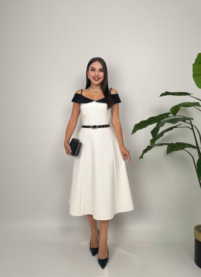 4012 ASKILI GÖGÜS  ALERLİ KEMER DETAYLI ELBİSE WHİTE - BEYAZ