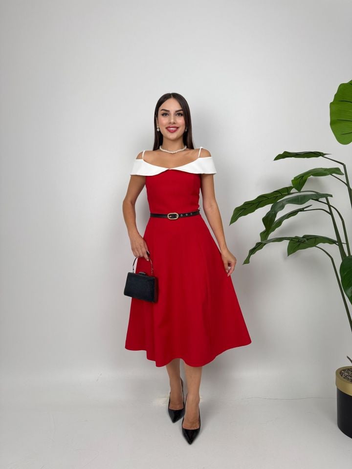 4012 ASKILI GÖGÜS  ALERLİ KEMER DETAYLI ELBİSE RED - KIRMIZI