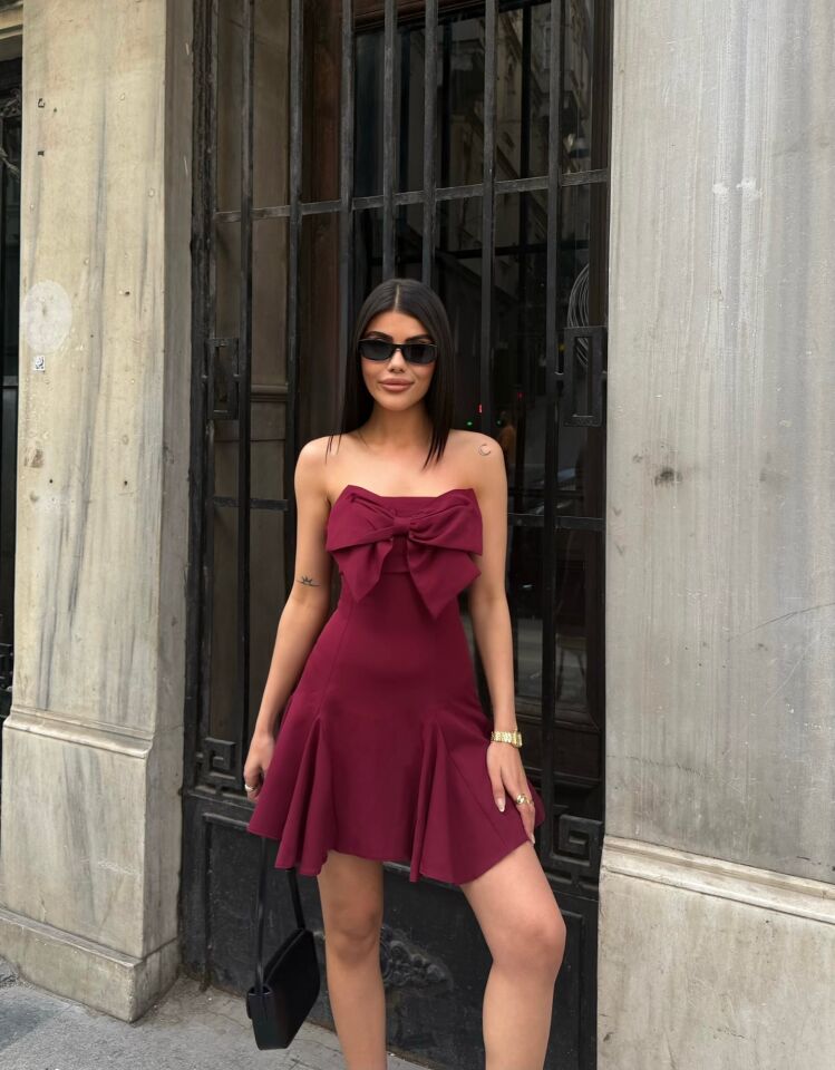 4013 ÖN FİYONK ARKA GİPELİ KISA ELBİSE BURGUNDY - BORDO