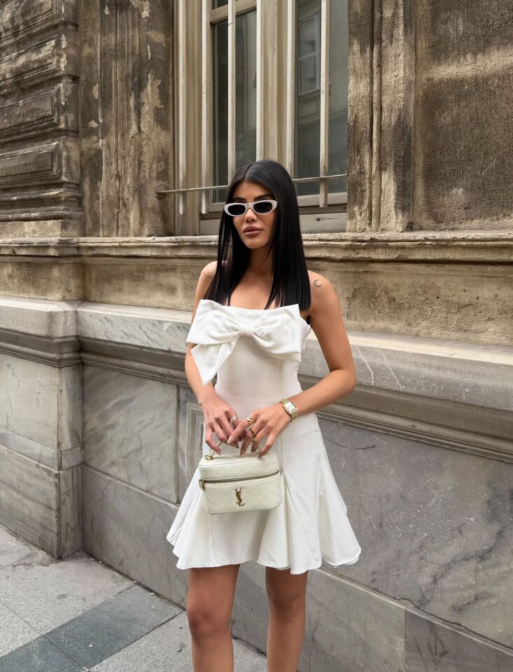 4013 ÖN FİYONK ARKA GİPELİ KISA ELBİSE WHİTE - BEYAZ