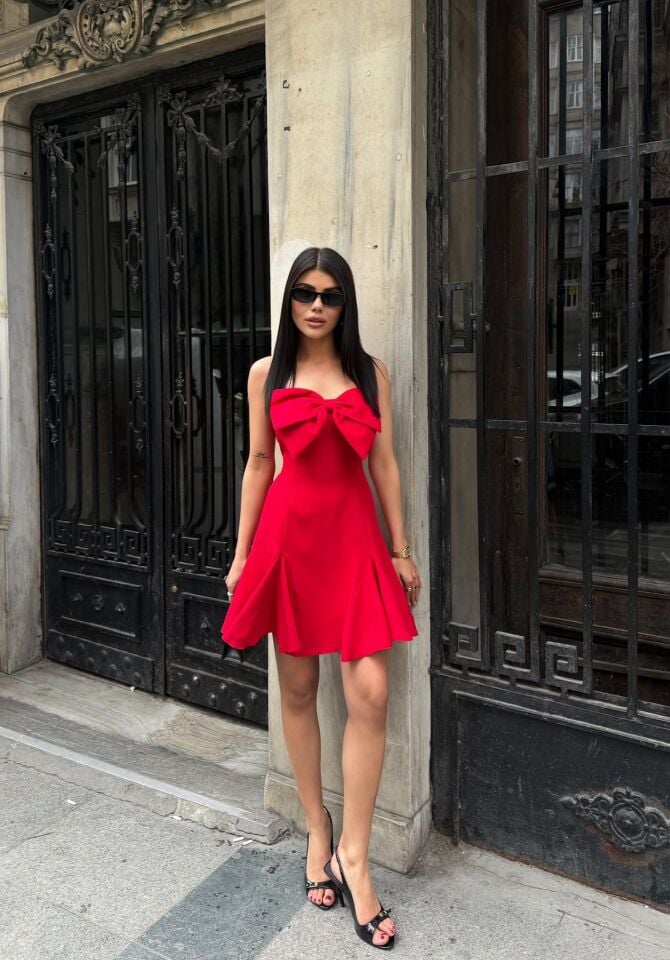 4013 ÖN FİYONK ARKA GİPELİ KISA ELBİSE RED - KIRMIZI