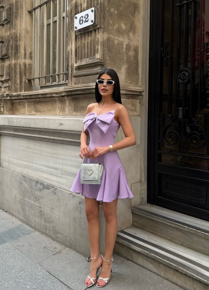 4013 ÖN FİYONK ARKA GİPELİ KISA ELBİSE LİLAC - LİLA