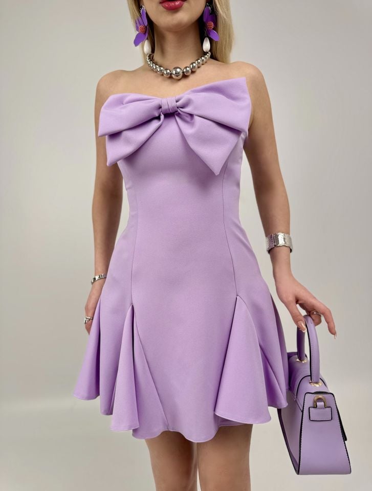 4013 ÖN FİYONK ARKA GİPELİ KISA ELBİSE LİLAC - LİLA