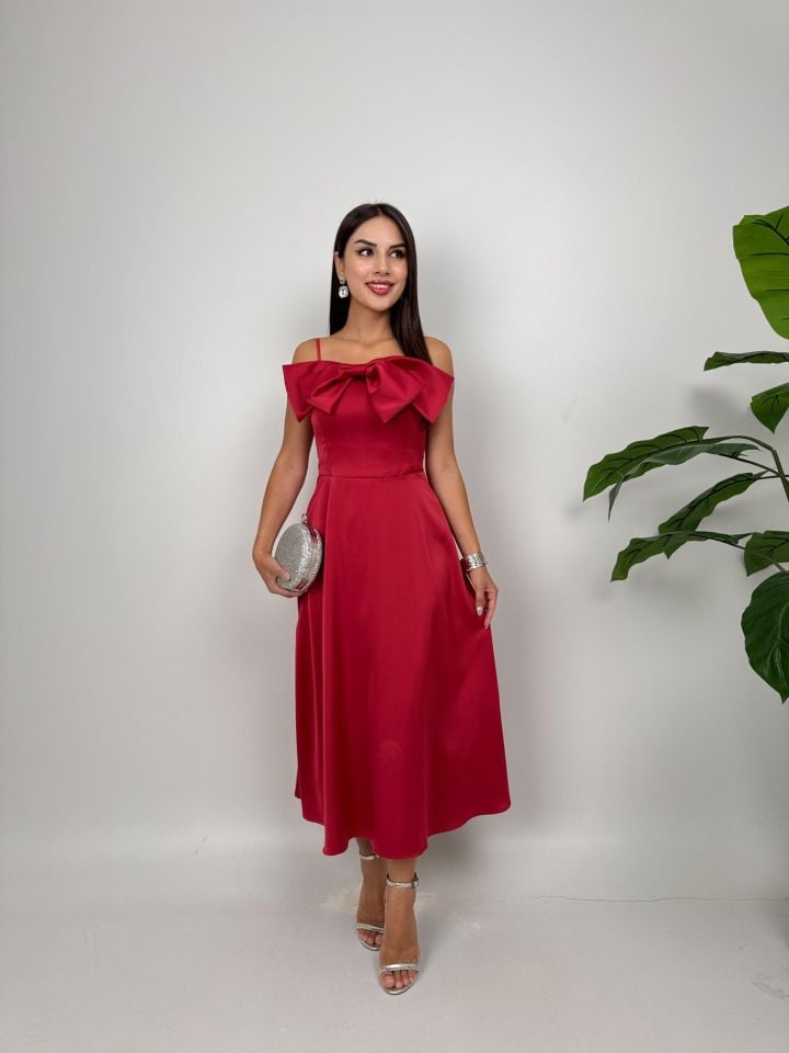 4015 ÖN KURDELA MİDİ ELBİSE BURGUNDY - BORDO
