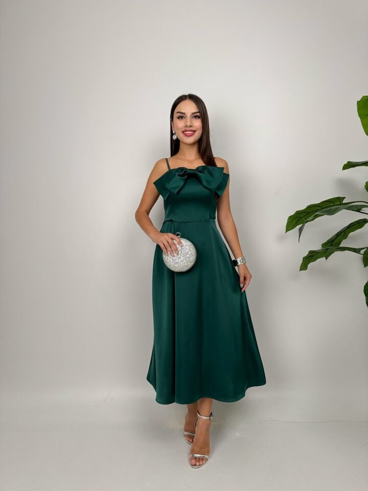 4015 ÖN KURDELA MİDİ ELBİSE EMERALD GREEN - ZÜMRÜT YEŞİLİ