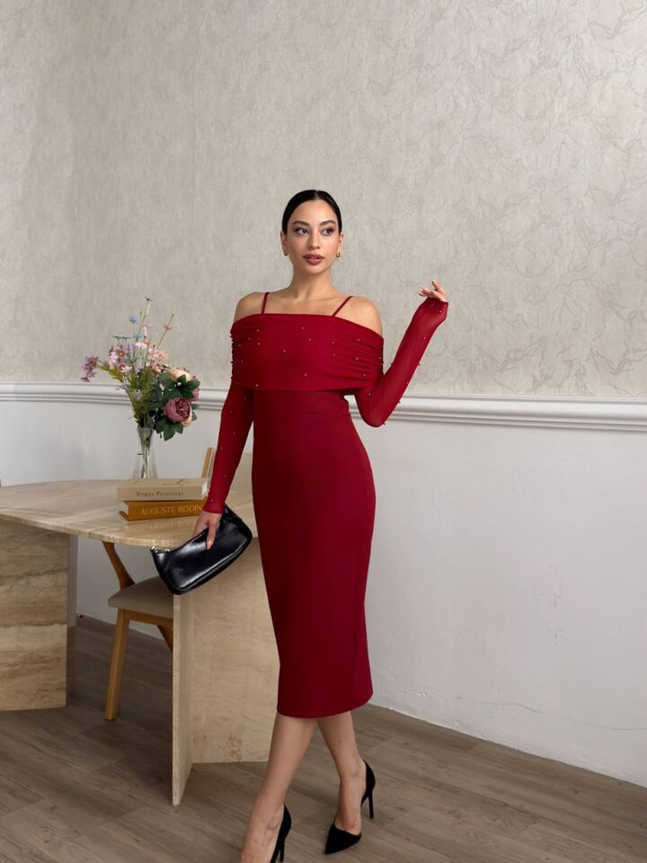 4017 SHOULDER TULLE STRAP PEARL DETAILED DRESS BURGUNDY - MAROON