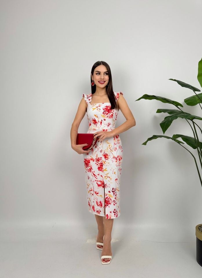 4019 DJİTAL BASKILI BALON ASKI STRAPLEZ ELBİSE STONE - TAŞ