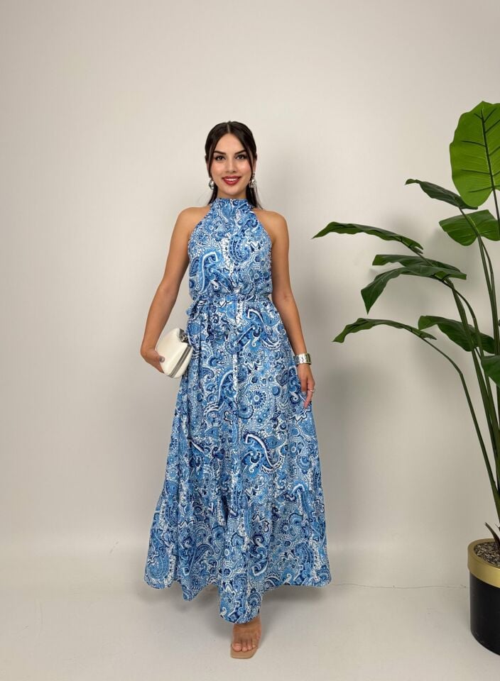 4024 BASKILI KOLSUZ KUŞAKLI GENİŞ ELBİSE BLUE - MAVİ