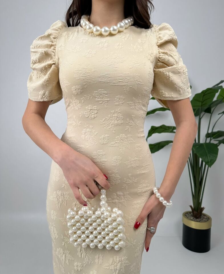 4026 KABARTMA POLYESTER ELBİSE STONE - TAŞ