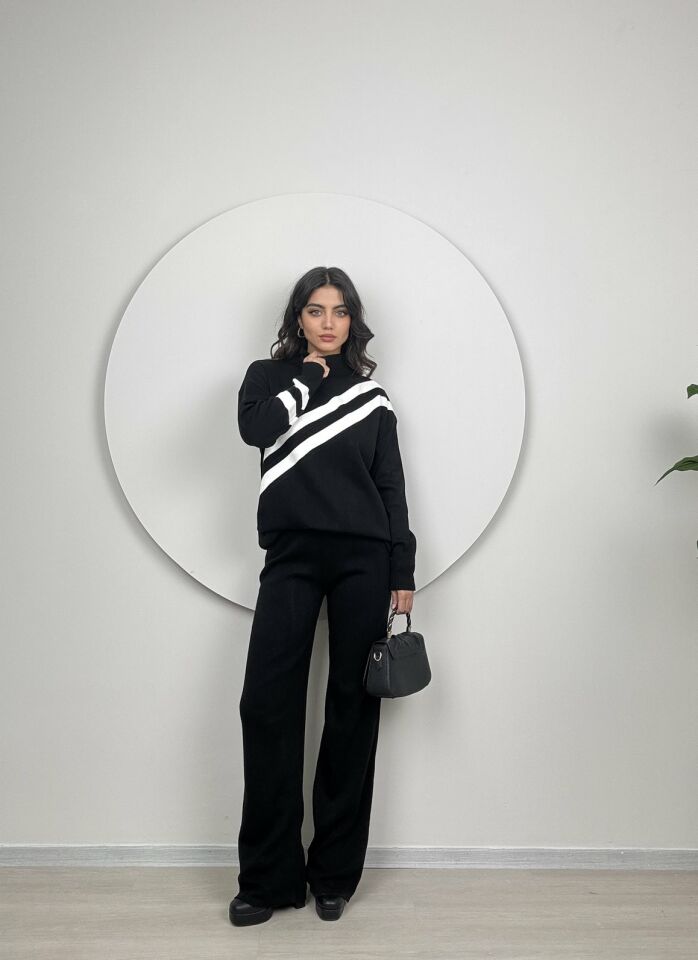 5009 ÇİZGİLİ İKİLİ TRİKO TAKIM SİYAH-BEYAZ