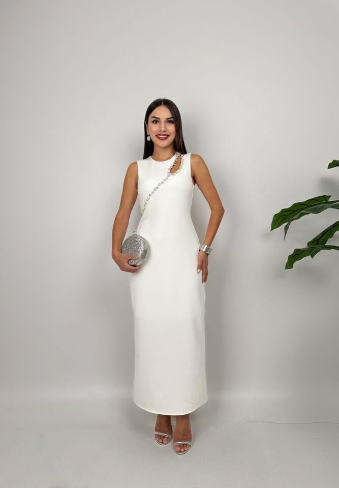 3048 OMUZ DEKOLTELİ ELBİSE WHİTE - BEYAZ