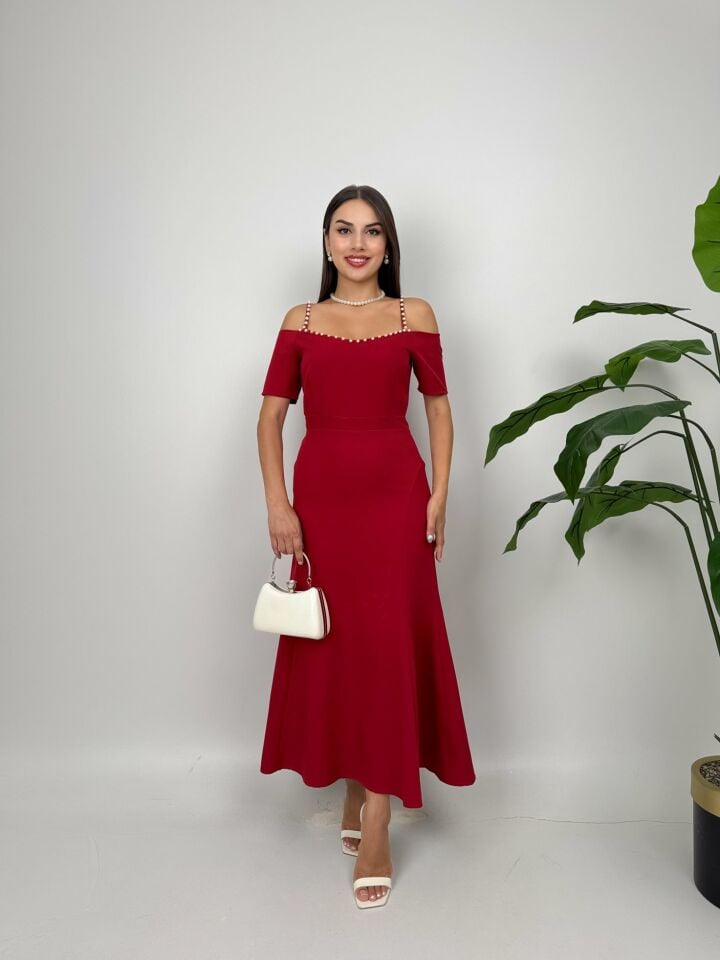 4010 İNCİ DETAYLI KOL GÜLLÜ ASKILI ELBİSE BURGUNDY - BORDO