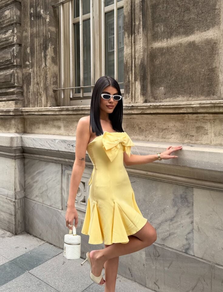 4013 ÖN FİYONK ARKA GİPELİ KISA ELBİSE YELLOW - SARI