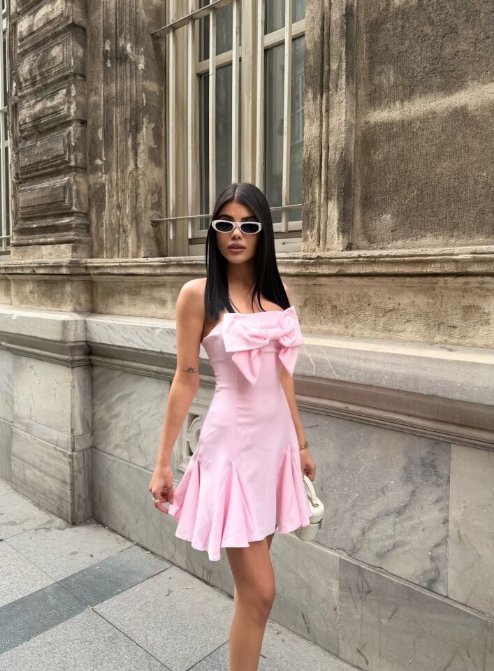 4013 ÖN FİYONK ARKA GİPELİ KISA ELBİSE PİNK - PEMBE