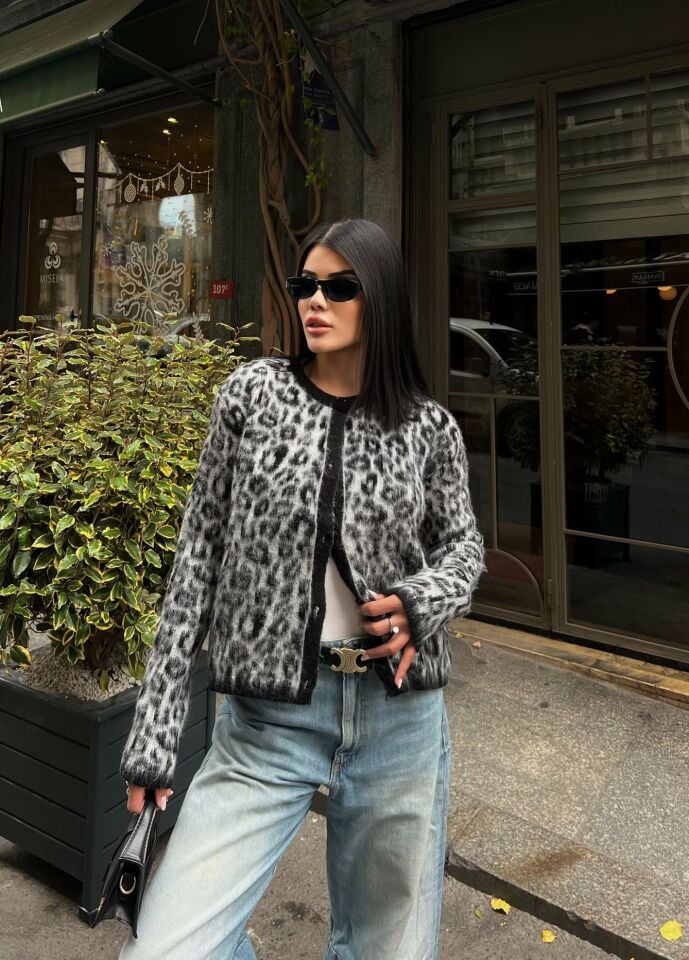5017 LEOPAR DESEN TRİKO HIRKA GRAY - GRİ