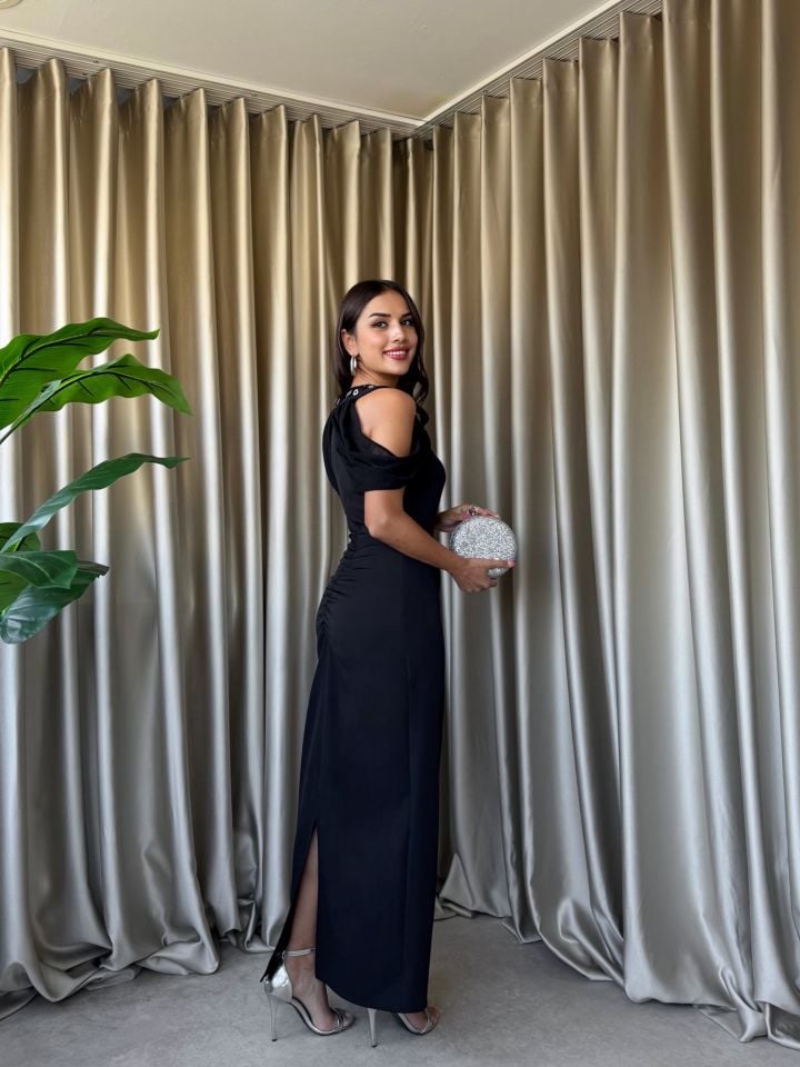 3052  OMUZ DEKOLTELİ ELBİSE BLACK - SİYAH