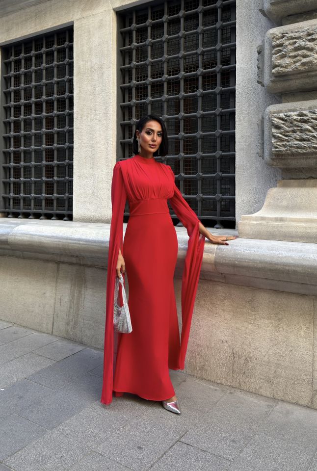 3095 KOLLARI ŞİFON ELBİSE RED - KIRMIZI