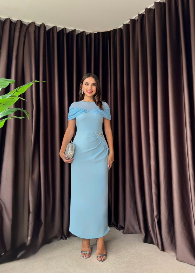 3065 TÜL YAKA AKSESUARLI  ELBİSE BABY BLUE - BEBE MAVİ