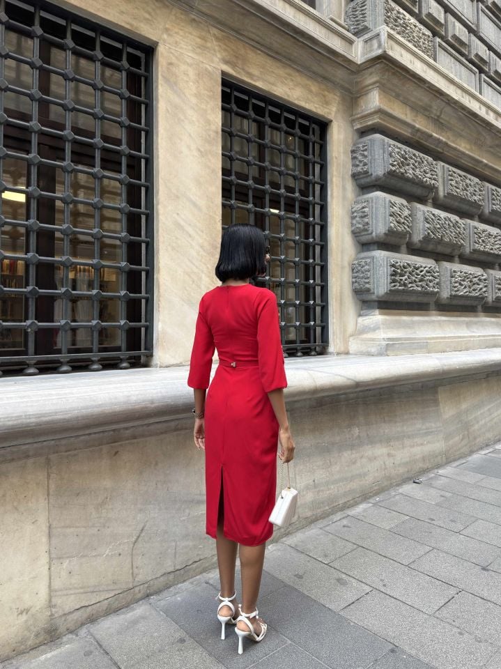 3076 İNCİLİ ELBİSE RED - KIRMIZI