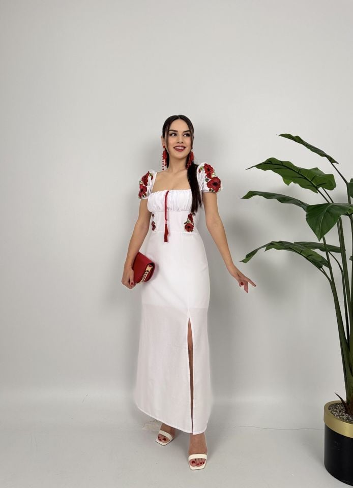 2037 NAKIŞLI UZUN ELBİSE WHİTE - BEYAZ