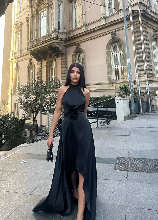 3068 Rose Detail Satin Dress with Slit MİNK - VİZON