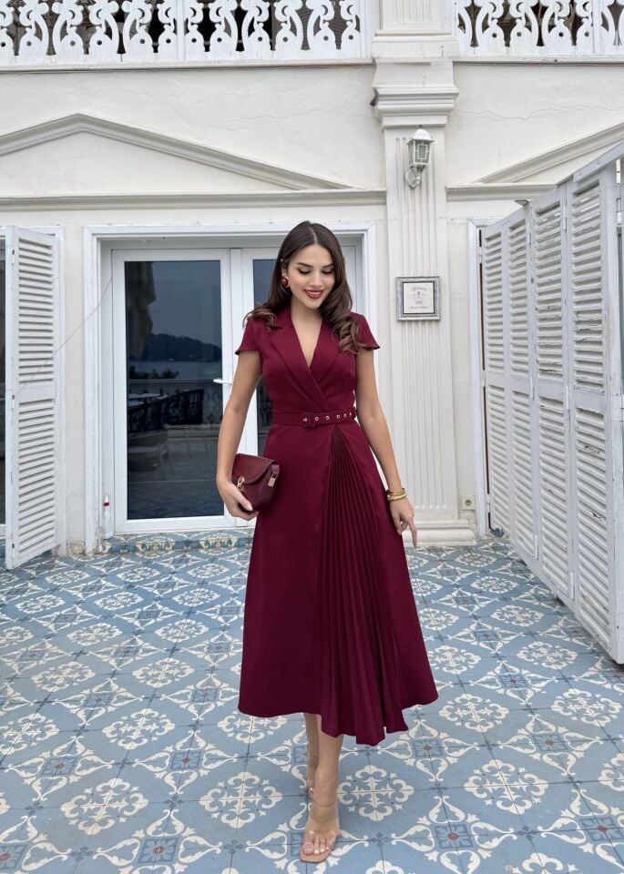 3090 PLİLELİ ELBİSE BURGUNDY - BORDO