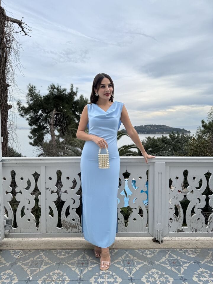 3113 DEGAJE YAKA ELBİSE BLUE - MAVİ